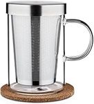 Tea Cup with Infuser and Lid - Glass Tea Cup with Infuser and Lid - Large Tea Mug in Borosilicate Glass with Natural Cork Coaster - Fine-Mesh Filter 400ml