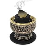 New Age Imports, Inc. India Small Decorated Brass Charcoal Screen Incense Burner with Wooden Coaster