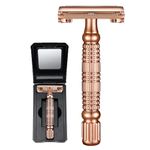 BAILI Butterfly Double Edge Safety Razor Rust-proof Reusable Manual Wet Shaving for Men Women with Mirrored Travel Case Rose Gold BD177C