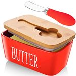 Ceramic Butter Dish with Lid and Knife Porcelain Butter Container with Butter Cutter Butter Knife Easy Spread Kitchen Accessories Tableware (Red)