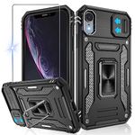 Jshru for iPhone XR Case with Screen Protector and Slide Camera Cover [Upgrade],iPhone XR Shockproof Phone Case with Ring Kickstand, Anti-Scratch Armour Phone Cover for iPhone XR,Black