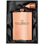 Copper Flask for Liquor for Men: 8oz Flask + Funnel + Pouch + Deluxe Gift Box Set. Copper Gifts for 7th Anniversary for Him. Men's Hip Flask. Engraved WellDeserved