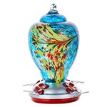 REZIPO Hummingbird Feeder Hand Blown Glass Bird Feeder for Outdoors Patio Large 32 Ounces Hummingbird Nectar Capacity with Hanging Hooks, Rope, Brush and Service Card (Blue-fire)