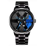 BOYADKA Car Wheel Watch, Stainless Steel Watch with Japanese Quartz Movement, Waterproof Sports Wrist Watch with Car Rim Hub Design for Men/Car Enthusiast, Blue, Quartz Movement