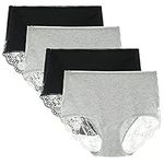 LIQQY Women's 3 or 4 Pack Comfort Cotton Lace Coverage Full Rise Briefs Knickers Underwear (Small, Black/Heather Grey)