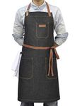 DingSay Trendy Denim Chef Apron with Pockets, Mens Womens Professional Kitchen Bib Black Apron for Cooking Grill BBQ Server, with Towel Loop and Adjustable Neck Straps