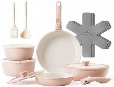Redchef Topfsets 16-Teilig Pfannenset Antihaft-Keramik-Kochgeschirr-Set mit Abnehmbaren Griff, Pfanne 20/26 cm, Tiefe Bratpfanne 26cm, Topf 18/20cm, Stapelbar Topfset Für alle Herdarten, Ofenfest Rosa