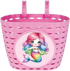 Dankeler Girls Pink Bike Basket, Cute Bicycle Front Handlebar Basket, Adjustable Plastic Tricycle Basket for Kids, Baby Girls, Toddlers (Rainbow Mermaid)