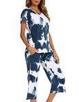 ENJOYNIGHT Women's Tie Dye Pajamas Sets Lounge Short Sleeve Top with Capri Pants Sleepwear 2 Piece Set (XX-Large, Navy)