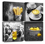 Oilpa Art Food Wall Art Kitchen Decor Modern Black and White Yellow Drink with Bread Fruits Coffee Canvas Art Picture Painting Prints Framed Dining Room Cafe Wall Decor 12x12 4 Pieces Set