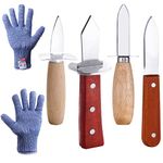 Oyster Shucking Knives and Gloves Set, Oyster Shucker Opener Kit Including 4 Styles Shellfish Oyster Opening Knife & 1 Pair Level 5 Cut Resistant Gloves(XL), Clam Seafood Tools with Wooden Handle