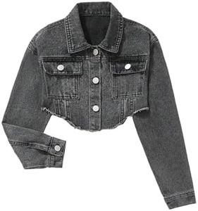 BEAUDRM Girl's Long Sleeve Asymmetrical Raw Hem Coat Collared Neck Button Up Crop Denim Jackets with Pockets Light Grey 12Y