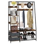 COSTWAY Coat Rack with Shoe Storage, Freestanding Hall Tree Coat Stand with Bench and 9 Hooks, Metal Frame Clothes Rail Garment Hanger Unit for Bedroom Hallway Entryway (6 Side Shelves with 2 Drawers)