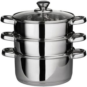 22 cm Deluxe Steamer Cookware Set with Glass Lid & Handles Stainless Steel Pan 3 Tier Pot CAPSULATED Bottom Prima Kitchen Home Cook Chef Healthy Veg Cooking Housewarming Gifts UK Free P&P