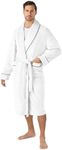 PAVILIA Mens Soft Robe, Plush Warm Bathrobe for Men, Long Spa Robe with Shawl Collar, Pockets, Trim Piping (White)