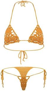 YiZYiF Womens Handmade Micro Bikini Set Crochet G Thong String Sexy Lingerie Sets Bathing Swimsuit Orange Medium