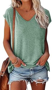 OLIPHEE Femmes Cap Sleeve T-Shirts À Manches Courtes Col en V Casual T-Shirts De Base D'été Lâches (Vert Clair,XXL)