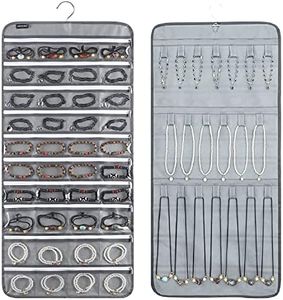 ANZORG Dual-sided Hanging Jewelry Organizer with 40 Zippered Pockets and 20 Hook Loops Necklace Holder Jewelries Organizer for Earrings Bracelets Rings with 360 Degree Rotating Hanger (40 Zippered