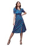 Miss Chase Women's Multicolored-Base-Blue V-Neck Pleated Puff Sleeve Floral Wrap Midi Polyester Dress (MCAW21D14-84-163-02, Multicolored-Base-Blue, XS)