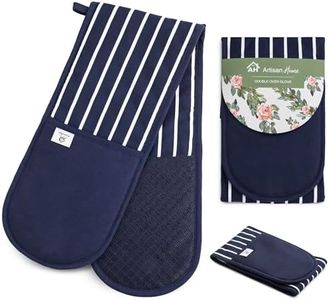 Blue Double Oven Gloves | Butcher Stripe Maximum Heat Resistant Protection | Double Oven Mitt With Silicone Non-slip Design | Machine Washable Thick Oven Glove Home & Kitchen Accessories.