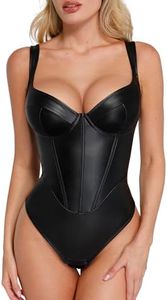 Popilush Leather Corset Bodysuit Tummy Control V Neck Thong Shapewear Sleeveless Black Body Suit Fall Outfits for Women Tank Top