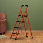 BonKaso Premium Steel Multipurpose Climb Easy Anti-Slip 4-Step Foldable Ladder with Safety Clutch Lock, Support Handle and Tool Tray for Home - (Orange & Black)