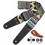 Nefelibata Guitar Strap, Vintage Embroidered Cotton Guitar Straps with Genuine Leather Ends for Bass, Electric & Acoustic Guitars, Come with Free Strap Button, 1 Pair Strap Locks and 4 Guitar Picks