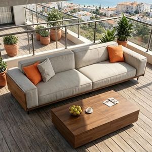 gaoyangjiaju Modern 4 Seater Outdoor Patio Sofa,Linen Fabric Couch with Wood Frame and Metal Legs Easy Assembly 4 People Furniture for Backyard Deck Garden,Gray,111.81 inch