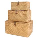 FEILANDUO Set of 3 Shelf Basket with Lid for Home Decor Seagrass Storage Baskets Natural Rattan Woven Rectangular Organizer Box (Set of 3)