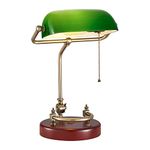 NUSRAN Green Glass Bankers Desk Lamp with Solid Birch Wood Base, Antique Vintage Desk Lamp for Home Office Desk Lamp Piano Lamp Light, Retro Library Lamp Desk Light Table Lamp with Pull Chain