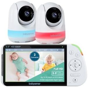Babysense Vigilabebés con cámara y pantalla dividida de 5,5 pulgadas 1080p Full HD, 2 cámaras, luz nocturna RGB, batería grande de 5000 mAh, audio de 2 vías, zoom 4X, sin wifi, modelo: MaxView-2CAM