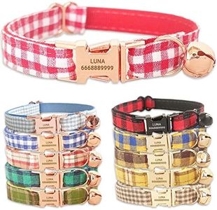 PETDURO Handmade Personalized Plaid Cat Collars with Bell & Name Engraved Metal Buckle Customized for Cute Girl and Boy Cats - Matching Bow Tie Available (L, Red White Plaid Rose Gold Buckle)