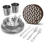 Odoland Camping Cutlery Set with Portable Pouch Case, Stainless Steel Tableware Kit Travel Utensil Set with Bag All-in-1 Flatware Kit for Hiking and Picnic Outdoor and Indoor, 2 People