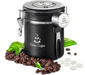 Coffee Canister Airtight Coffee Container - Stainless Steel Coffee Storage for Beans, Grounds, Tea, Sugar - Coffee Containers with Date Tracker, Scoop, CO2 Valve Filters, Medium Coffee Jar 16oz, Black