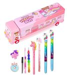 YBN 9pcs Magic School Bus for Kids Tripal Door Pencil Case with Moving Tyres Geometry Box Stationery 2 Unicorn Water Pen, 1 Pencil, Designer & Eraser Return Gift Set