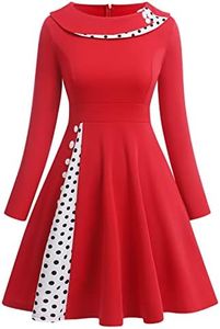 Women Vintage Polka Dot 1950s Audrey Retro Rockabilly Prom Dress 50s Long Sleeve Patchwork Cocktail Party Swing Dress, Red-long Sleeve, Large