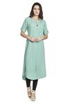 NIONI Women’s Fashionable Manderian Neck Straight Kurti with Elbow Length Folded Cuff Sleeves (10306_Aqua Green_M)