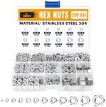 250 PCS SAE Hex Nuts Assortment – Stainless Steel 304 Hardware Set (#2-56 to 1/2"-13) – SAE Nut Assortment in Organizer Box – 1/4 20 Nut, 3/8 Nuts, 1/2 Nuts, etc.