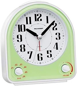 Peakeep Analog Alarm Clock Non-Ticking Silent, Optional 7 Wake-up Sounds with Volume Control, Nightlight and Snooze, AA Battery Operated (Green)