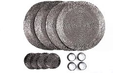 Penguin Home Handcrafted Glass Beaded Round Placemats, Coasters & Napkin Rings Set of 12 - Handmade Table Place Mats for Dining - 32 cm (13") Diameter (Antique Silver)