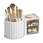 NUODWELL 360° Rotating Makeup Brush Holder with 2 Drawers, Desk Tidy Organiser Pencil Holder, Makeup Organiser for Dresser, Bedroom, Bathroom, Office (White)