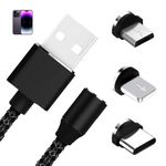 Magnetic USB Charging Cable, Magnetic Charger Cable For iphone & ipad, With 3 Adapters - USB C - Micro USB - iOS, Lightning, Samsung, Smartphones, Tablets, Computers, Nylon Braided Cable, 2m Black