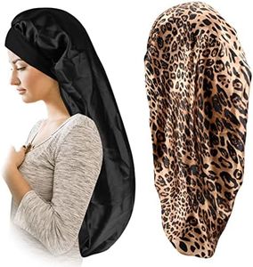 Satin Silky Braids Bonnet 2 Pack Breathable Soft and Elastic Black Leopard Long Hair Cap, Large For Women, Black and Leopard