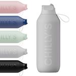 Chilly's Series 2 Flip Water Bottle with Sports Flip Lid, Telescopic Straw and Nylon Carry Loop - Easy Flip Lid, Straw Cleaning Brush Included - 500ml - Granite Grey