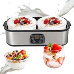 Yogurt Maker, 2L Yoghurt Maker with 2 Glass Jars, Automatic Stainless Steel Yogurt Maker Machine with Adjustable Time & Temperature Control for Homemade Probiotic Yogurt, Fermentation (Silver 2L)