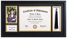 ELSKER&HOME 11x22 Diploma Frames with Tassel Holder for 8.5x11 Certificate Document Shadow Box, 4x6 Graduation Photo, Matte Black Frame, Degree Double Mat, Black with Gold Rim