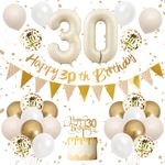 30th Birthday Decorations Sand White Gold,30th Birthday Balloons Beige Gold,Happy 30th Birthday Banner with Cake Toppers Number 30 Balloons for Women Men Birthday Party Decorations