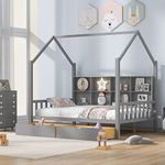 Merax Full Wood Multifunctional Montessori Daybed Storge Shelf Low Day Bed for Kids Boys Girls No Box Spring Needed Gray, Grey W/Drawers