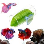 Qpets® Betta Fish Hiding Cave, 3" Acrylic Small Fish Hide Cave with Green Leaf & Suction Cup, Clear Fish Tank Decorations Tunnel for Betta Fish Resting and Spawning