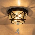 Laplusbelle Motion Sensor Ceiling Light Fixture Outdoor Flush Mount Manual Dusk to Dawn Matte Black Waterproof Indoor Ceiling Light Fixture with Seeded Glass for Front Porch Garage Entrance